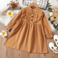 Toddler Girl 100% Cotton Solid Color Ruffled Long-sleeve Dress Ginger