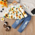3pcs Toddler Girl Sweet Ripped Denim Jeans & Floral Print Tee and Headband Set Yellow image 1