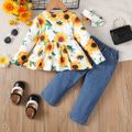 3pcs Toddler Girl Sweet Ripped Denim Jeans & Floral Print Tee and Headband Set Yellow image 2