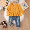 2pcs Toddler Girl Sweet Ripped Cotton Denim Jeans and Doll Collar Crepe Blouse Set Yellow image 2