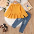 2pcs Toddler Girl Sweet Ripped Cotton Denim Jeans and Doll Collar Crepe Blouse Set Yellow image 3