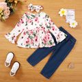 3pcs Toddler Girl Sweet Ripped Denim Jeans & Floral Print Tee and Headband Set Pink image 3