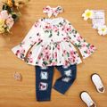 3pcs Toddler Girl Sweet Ripped Denim Jeans & Floral Print Tee and Headband Set Pink image 1
