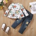 2pcs Toddler Girl Sweet Ripped Denim Jeans and Floral Print Tee Set White image 3