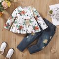 2pcs Toddler Girl Sweet Ripped Denim Jeans and Floral Print Tee Set White image 2