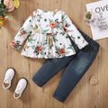 2pcs Toddler Girl Sweet Ripped Denim Jeans and Floral Print Tee Set White image 4