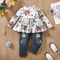 2pcs Toddler Girl Sweet Ripped Denim Jeans and Floral Print Tee Set White image 1