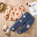 2pcs Toddler Girl Floral Print Long-sleeve Blouse and Cotton Patchwork Ripped Denim Jeans Set Yellow image 2