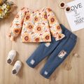 2pcs Toddler Girl Floral Print Long-sleeve Blouse and Cotton Patchwork Ripped Denim Jeans Set Yellow image 1