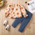 2pcs Toddler Girl Floral Print Long-sleeve Blouse and Cotton Patchwork Ripped Denim Jeans Set Yellow image 3