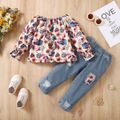 2pcs Toddler Girl Floral Print Long-sleeve Blouse and Cotton Ripped Denim Jeans Set Multi-color