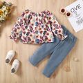 2pcs Toddler Girl Floral Print Long-sleeve Blouse and Cotton Ripped Denim Jeans Set Multi-color