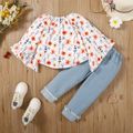 2pcs Toddler Girl Floral Print Bell sleeves Blouse and Ripped Denim Jeans Set Multi-color image 4