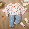 2pcs Toddler Girl Floral Print Bell sleeves Blouse and Ripped Denim Jeans Set Multi-color image 3