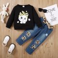3pcs Toddler Girl Ripped Denim Jeans and Kitty Print Sweatshirt & Headband Set Black image 1