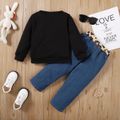 3pcs Toddler Girl Ripped Denim Jeans and Kitty Print Sweatshirt & Headband Set Black image 2