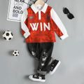 Soccer Cup 2pcs Toddler Boy Trendy Ripped Denim Jeans and Letter Print Polo Sweatshirt Set Red image 1