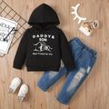 2pcs Toddler Boy Trendy Ripped Cotton Denim Jeans and Letter Print Hoodie Sweatshirt Set Black image 2