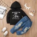 2pcs Toddler Boy Trendy Ripped Cotton Denim Jeans and Letter Print Hoodie Sweatshirt Set Black image 1
