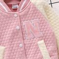 Toddler Girl 100% Cotton Letter Embroidered Textured Striped Button Design Bomber Jacket Pink image 4