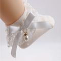 Baby / Toddler Girl Bow Decor Lace Design Pearl Decor Socks Creamy White image 3