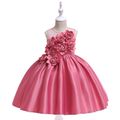 Kid Girl 3D Floral Embroidered Sleeveless Costume Party Gown Yoke Dress Dark Pink