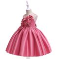 Kid Girl 3D Floral Embroidered Sleeveless Costume Party Gown Yoke Dress Dark Pink