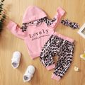 3pcs Letter and Leopard Print Splice Hooded Long-sleeve Baby Set Pink