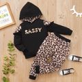 2-piece Toddler Girl Letter Leopard Print Hoodie and Elasticized Pants Set Black