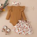 Baby 3pcs Letter Print Ruffle Long-sleeve Ribbed Romper and Floral Shorts Set Brown image 5