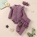 3pcs Baby Solid Ribbed Long-sleeve Cotton Ruffle Romper and Pants Set Purple