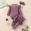 3pcs Baby Solid Ribbed Long-sleeve Cotton Ruffle Romper and Pants Set Purple