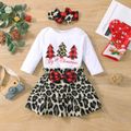 3-piece Baby Girl Christmas Letter Tree Print Long-sleeve Romper and Plaid Bowknot Leopard Print Skirt and Headband Set White