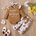 3pcs Baby Girl 95% Cotton Long-sleeve Letter Print Romper and Floral Trousers with Headband Set Brown image 2