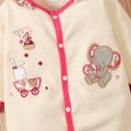 Baby Girl Animal Embroidered Beige Waffle Long-sleeve Jumpsuit Beige