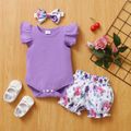3pcs Baby Girl 95% Cotton Layered Ruffle Sleeve Romper with Floral Print Bloomers Shorts and Headband Set Purple image 1