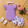 3pcs Baby Girl 95% Cotton Layered Ruffle Sleeve Romper with Floral Print Bloomers Shorts and Headband Set Purple image 2