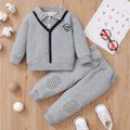 2pcs Baby Preppy Style Thickened Grey Long-sleeve Plaid Splicing Lapel Top and Trousers Set Grey