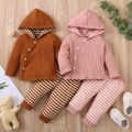 2pcs Baby Boy/Gorl Waffle Long-sleeve Hooded Snap Top and Striped Pants Set Brown