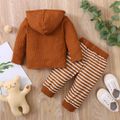 2pcs Baby Boy/Gorl Waffle Long-sleeve Hooded Snap Top and Striped Pants Set Brown
