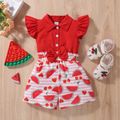 Baby Girl Button Front Red Flutter-sleeve Bowknot Splicing Watermelon Print Romper Red