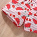 Baby Girl Button Front Red Flutter-sleeve Bowknot Splicing Watermelon Print Romper Red