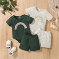 2pcs Baby Boy/Girl Rainbow Design Solid Waffle Short-sleeve Romper with Shorts Set Dark Green
