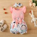 3pcs Baby Girl 95% Cotton Flutter-sleeve Cartoon Cat Print Romper and Bow Front Shorts with Headband Set Pink