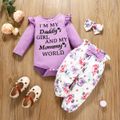 3pcs Baby Girl 95% Cotton Long-sleeve Letter Print Romper and Allover Floral Print Pants with Headband Set Purple image 1