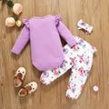 3pcs Baby Girl 95% Cotton Long-sleeve Letter Print Romper and Allover Floral Print Pants with Headband Set Purple