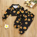 2pcs Toddler Girl Floral Print Lapel Collar Long-sleeve Crop Shirt and Pants Set Black