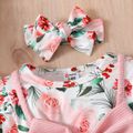 2pcs Baby Girl Ruffle Trim Long-sleeve Floral Print Spliced Corduroy Bow Front Dress with Headband Set Pink