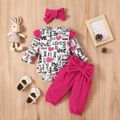 3pcs Baby Girl Long-sleeve Allover Love Heart & Letter Print Ruffle Trim Romper and Solid Corduroy Bow Front Pants with Headband Set Hot Pink image 1