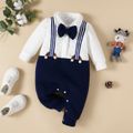 Baby Boy Thickened Textured Long-sleeve Bow Tie Decor Colorblock Spliced Jumpsuit Party Outfit White
